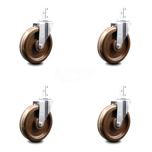 6 Inch High Temp Phenolic Wheel Swivel 3/4 Inch Square Stem Caster Set SCC